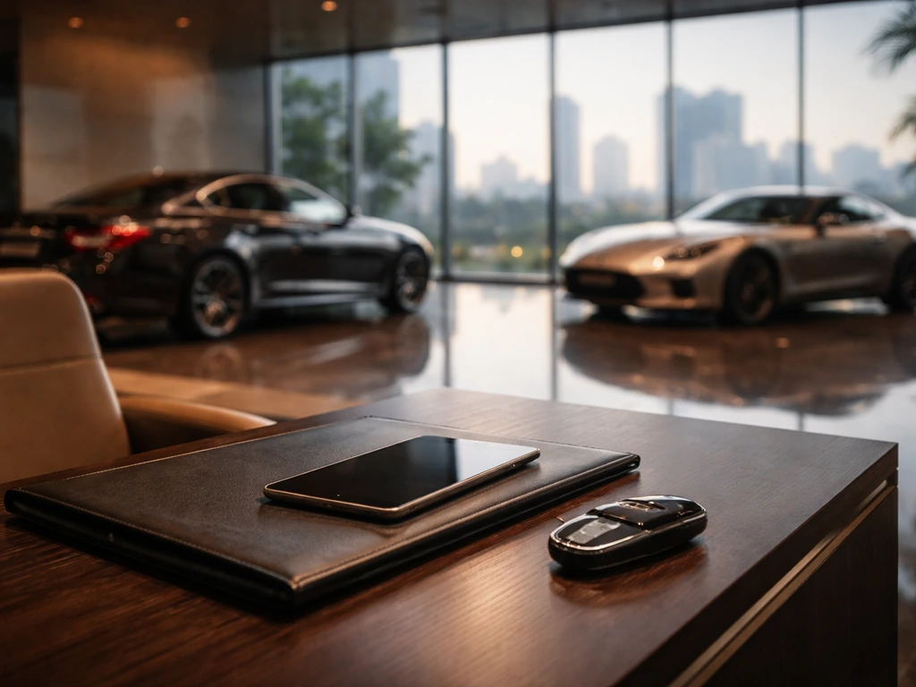 Luxury dealership office desk with high-end cars and city view, symbolizing automotive executive wealth drivers.