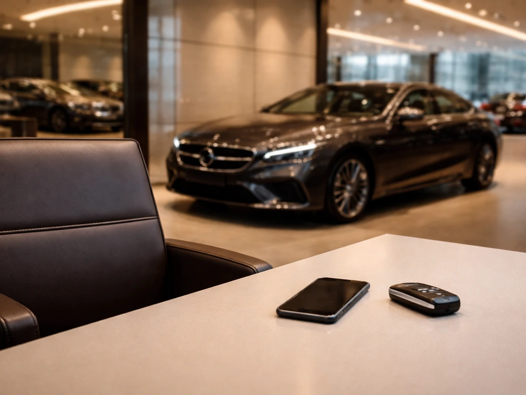 Luxury car dealership showroom with a sleek sedan, an office desk, and business objects symbolizing wealth.