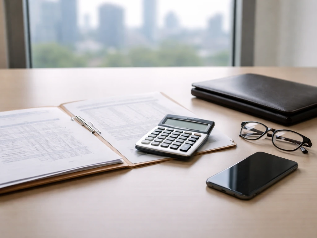Minimal photo of a business desk with a calculator and scattered documents, symbolizing net worth calculations.