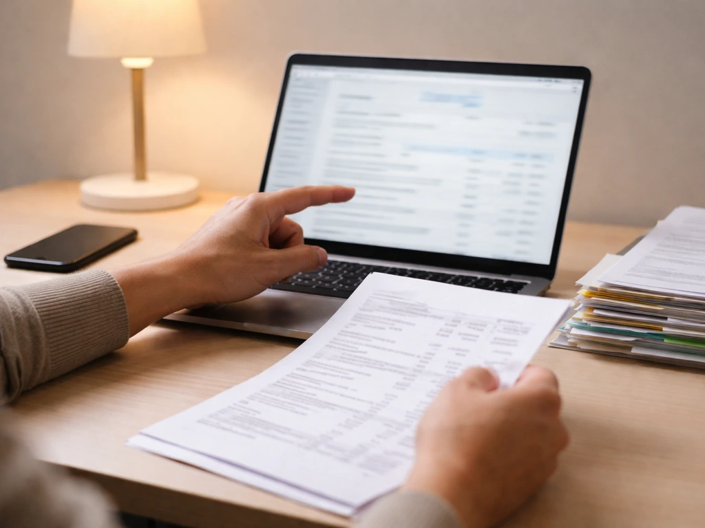Hands reviewing blurred SEC-style filing search on a laptop at a quiet desk.