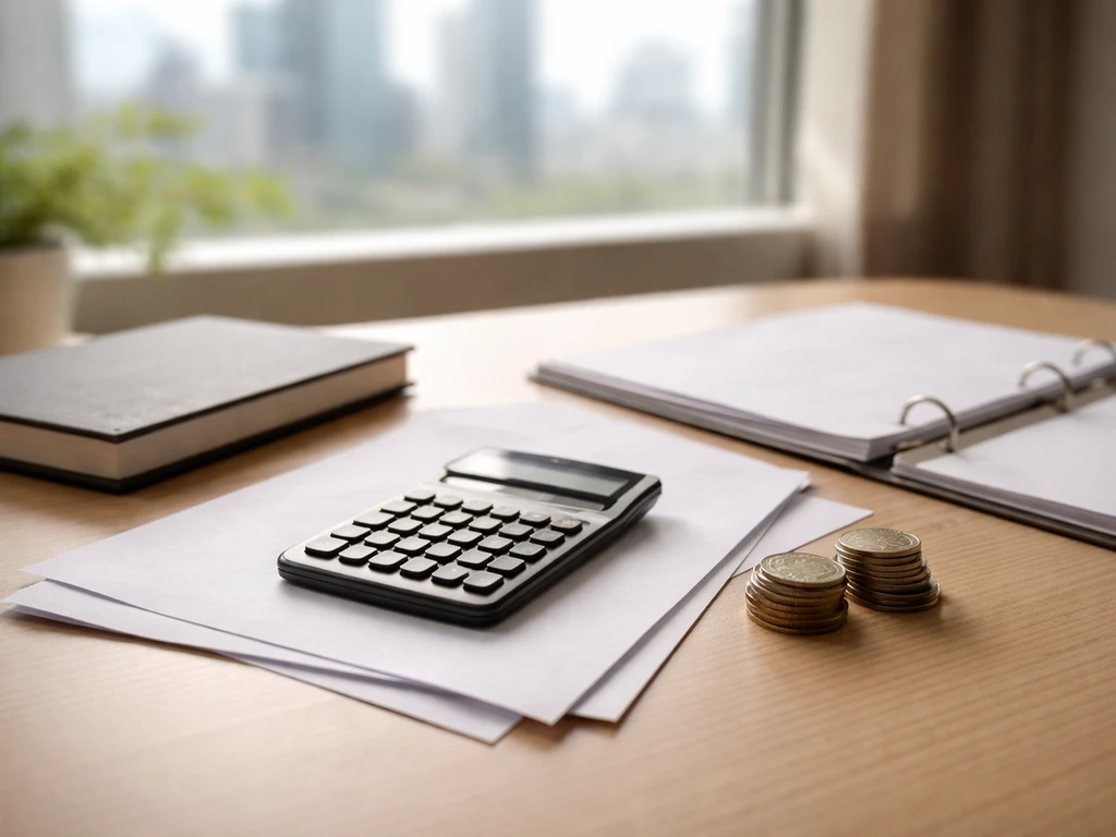Minimal photo of an office desk with a calculator and papers, symbolizing assets minus liabilities without any text