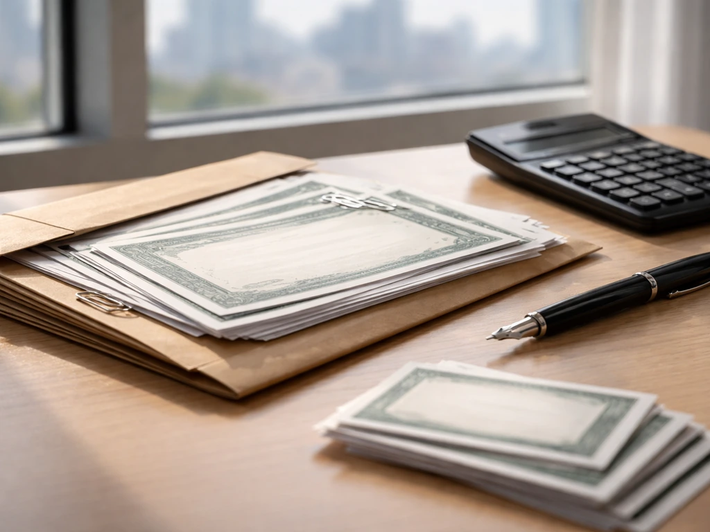 Close-up of a desk with stock/option documents, a calculator, and a pen near a softly lit city view.