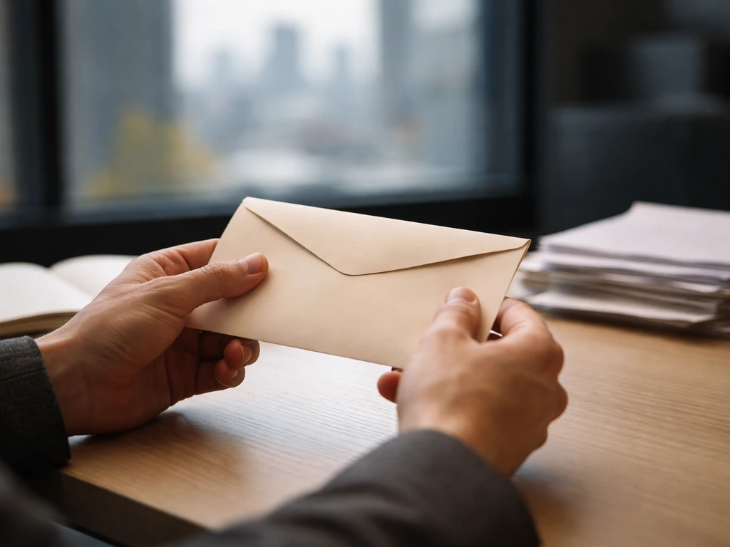 Hands holding a sealed envelope beside a notebook and a blurred office window at dusk