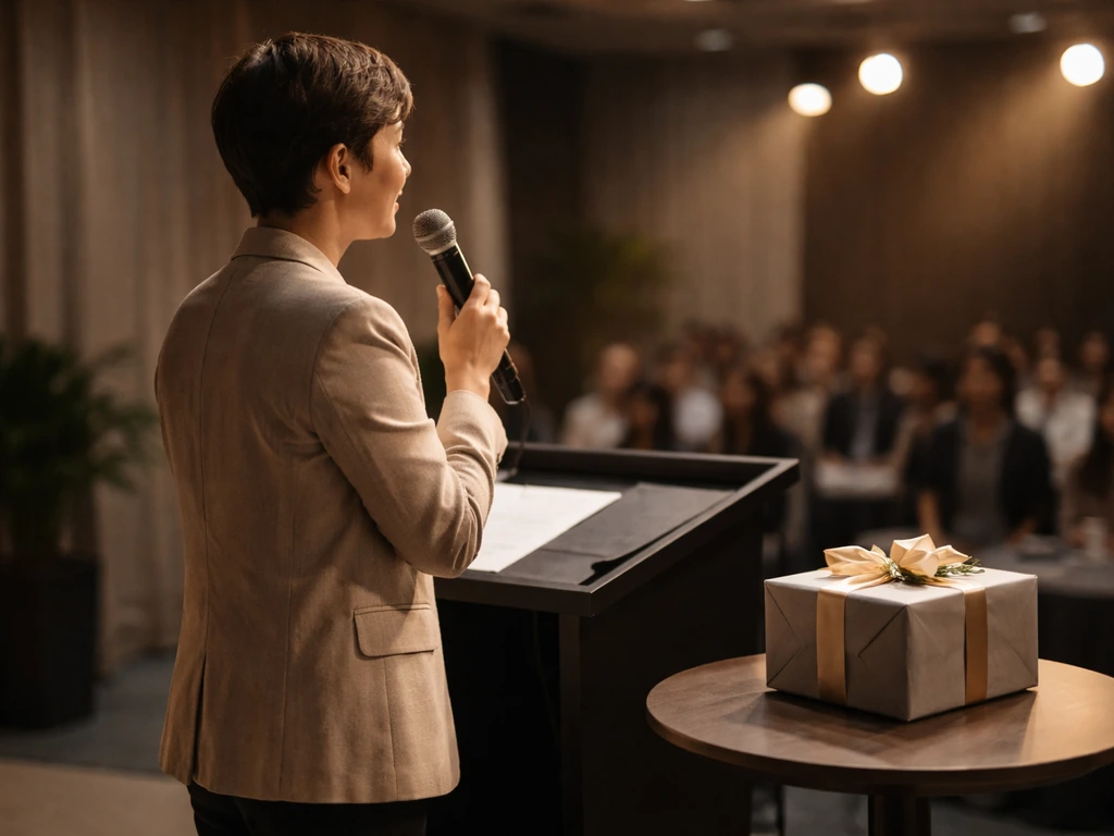 Anonymous keynote speaker at a small business event with a microphone and gift-themed decor in a dim hall