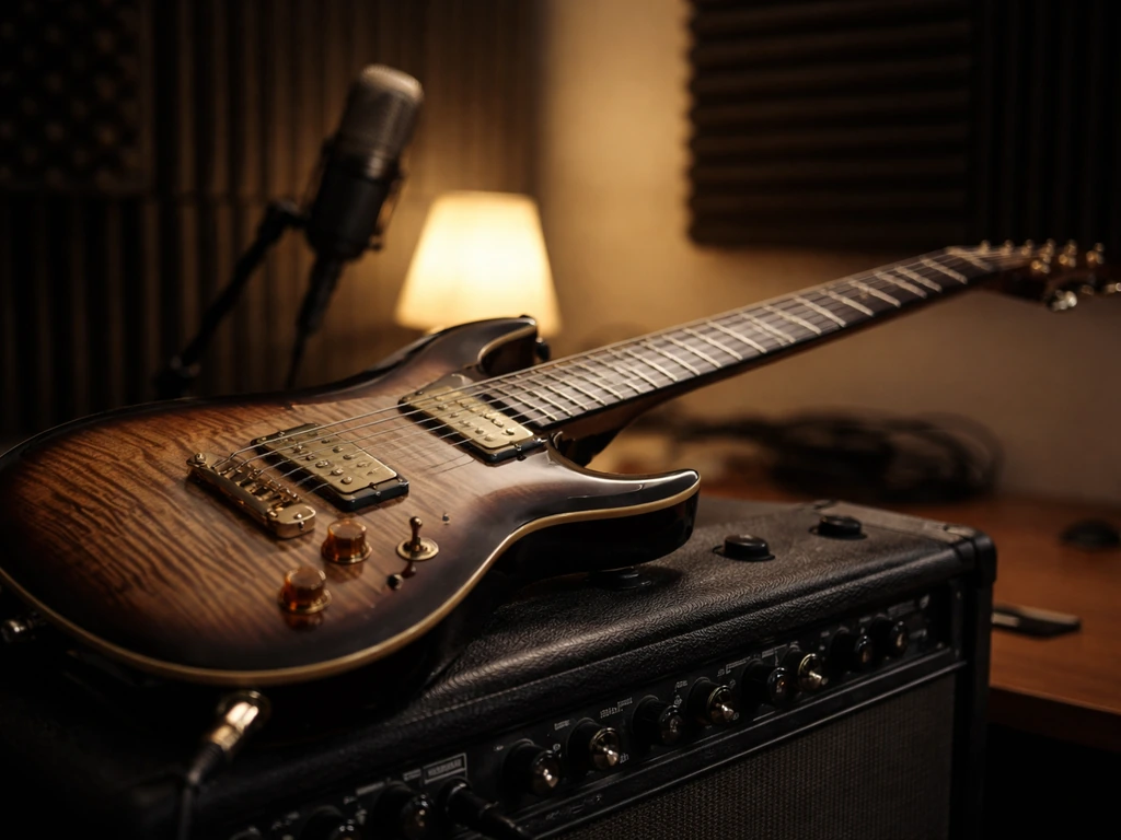 An anonymous guitar setup in a quiet recording studio, symbolizing a jazz-fusion musician’s career and wealth theme.
