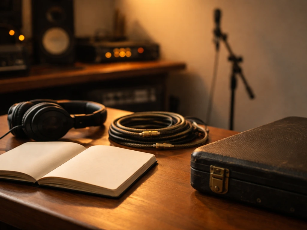 Minimal music studio desk with headphones, cable, and studio gear suggesting income from sessions and royalties.
