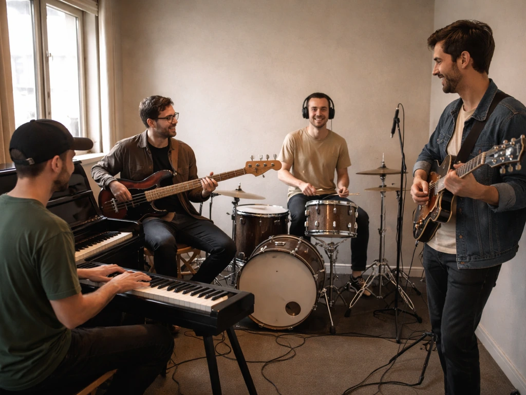 Four jazz musicians in a quiet studio playing instruments together as a small band rehearsal scene