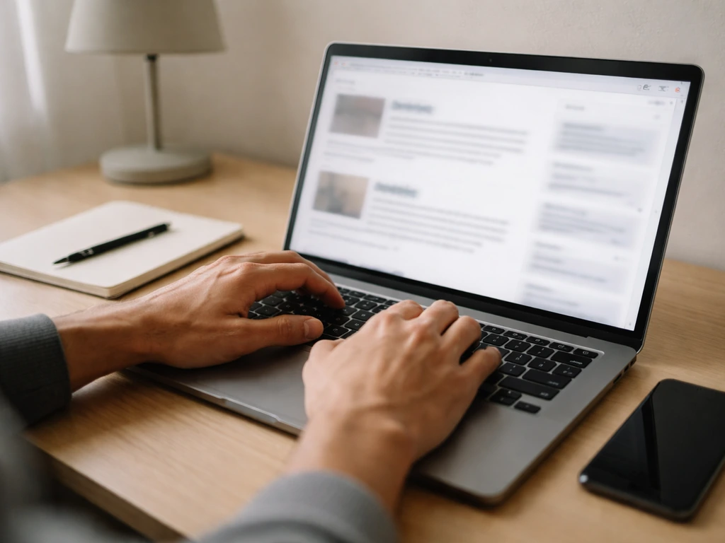 Person cross-checking online sources on a laptop with a phone beside it
