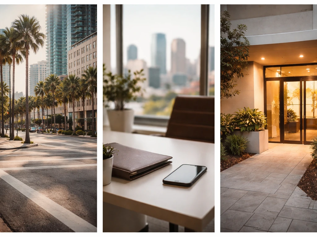 Minimal collage of Tampa real estate office and city scenes showing business context without people or text.