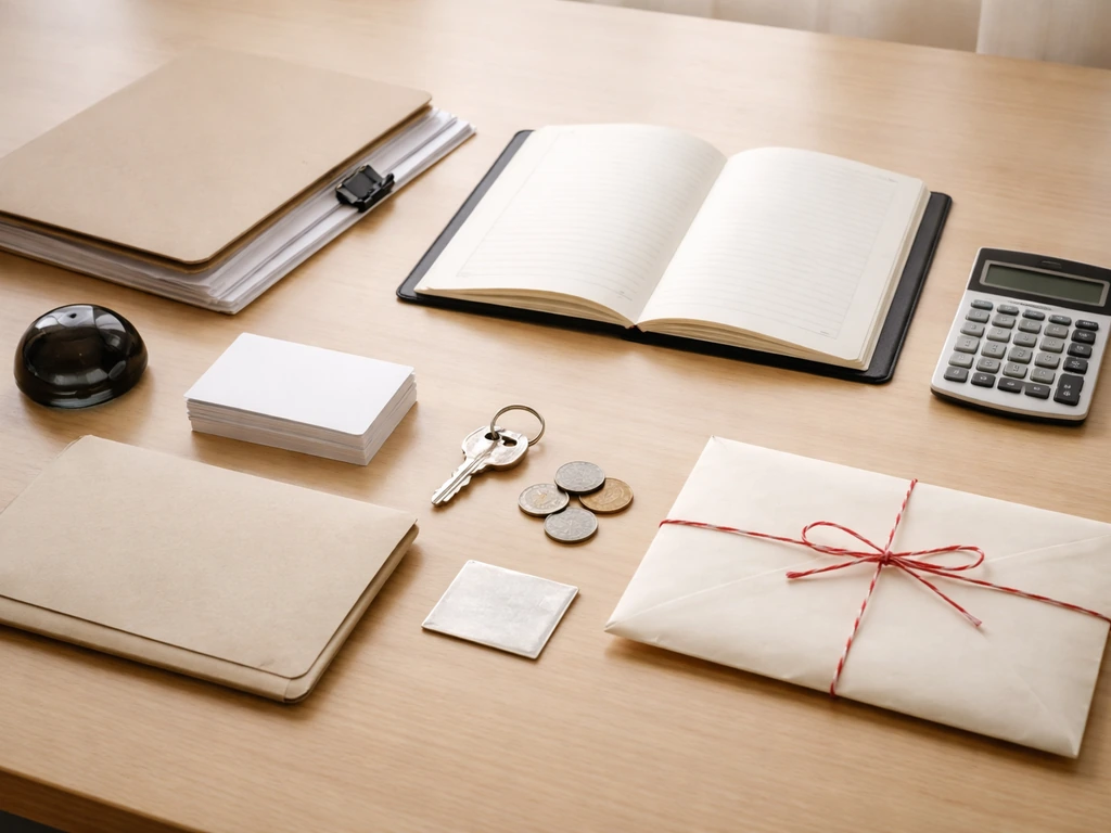 Minimal desk scene with calculator and neatly arranged documents symbolizing net worth components and liabilities