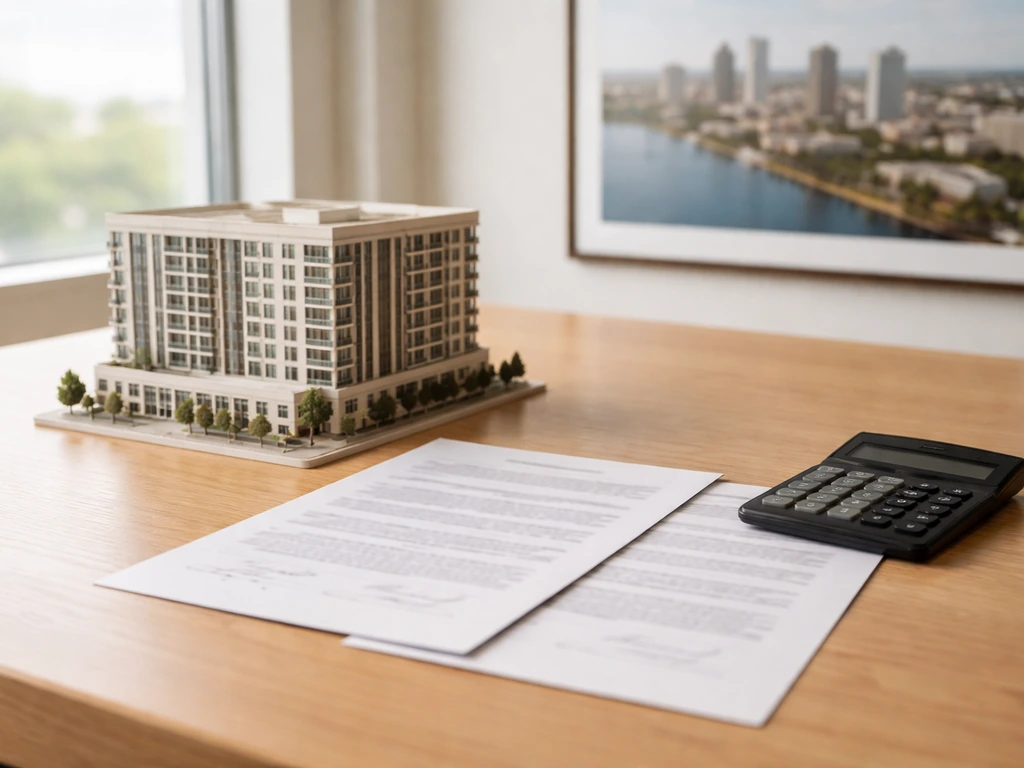 Tampa-area commercial real estate concept: desk with blurred property deeds, calculator, and building model in natural l