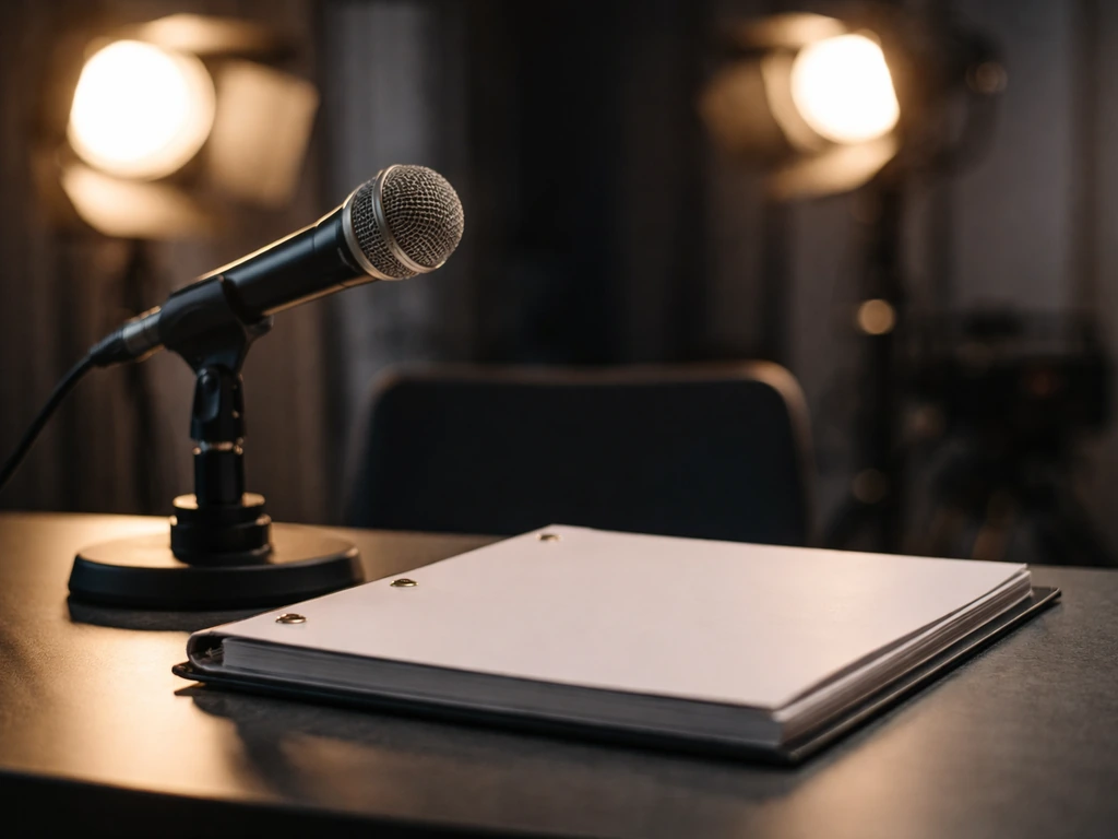 Anonymous genre-TV production setting with a studio microphone and dim lighting, suggesting a long acting career.