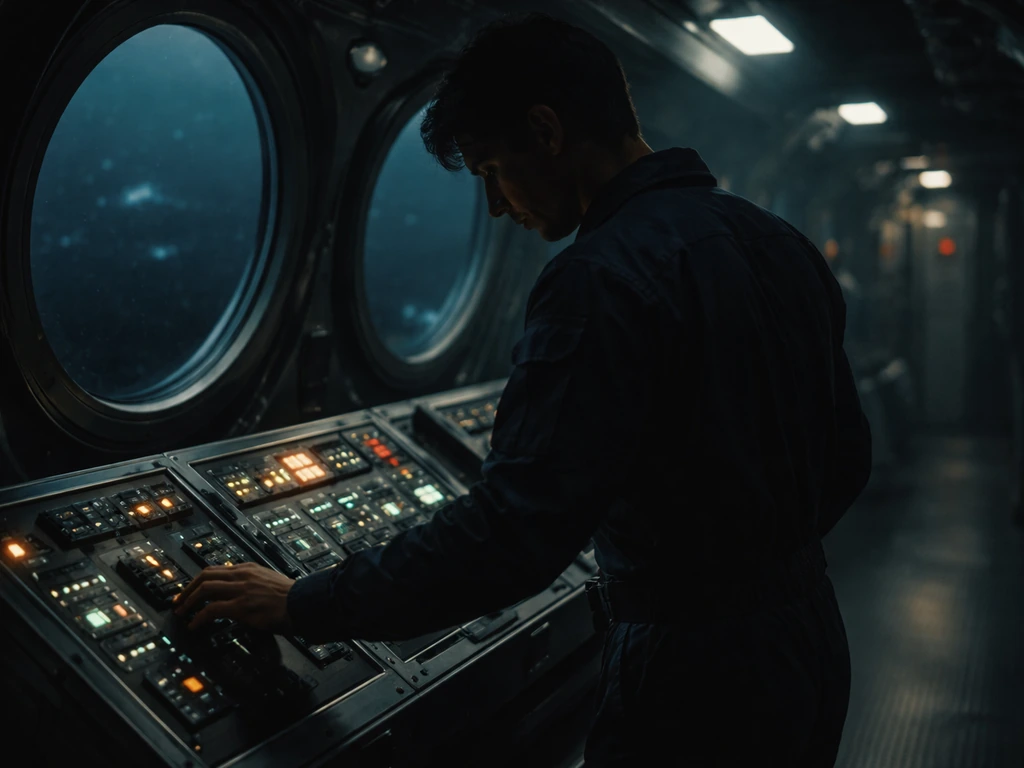 Moody sci‑fi submarine control room scene suggesting SeaQuest DSV, with a crew member in shadowed uniform