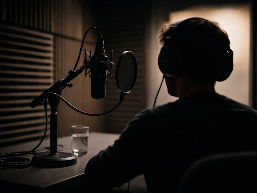 Hollywood-style recording studio scene with an unseen voice actor at a microphone, evoking video game voice acting.