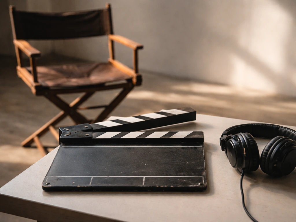 Minimal studio desk scene with clapperboard, headphones, and director chair symbolizing an acting career breakout