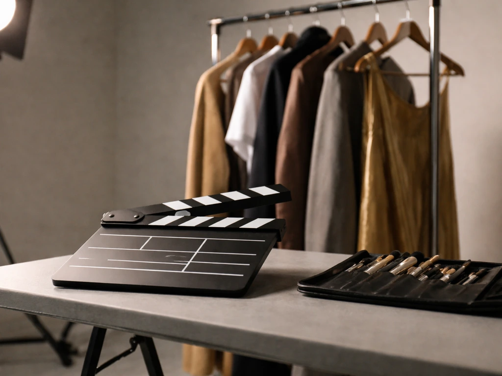 Film clapperboard on a set table beside costumes and makeup items, studio lighting suggesting acting work.