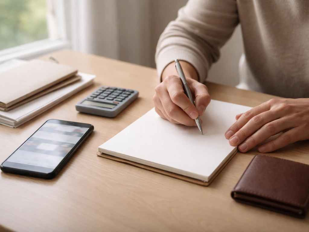 Person reviewing handwritten notes beside a smartphone with blurred news imagery and a calculator, finance verification