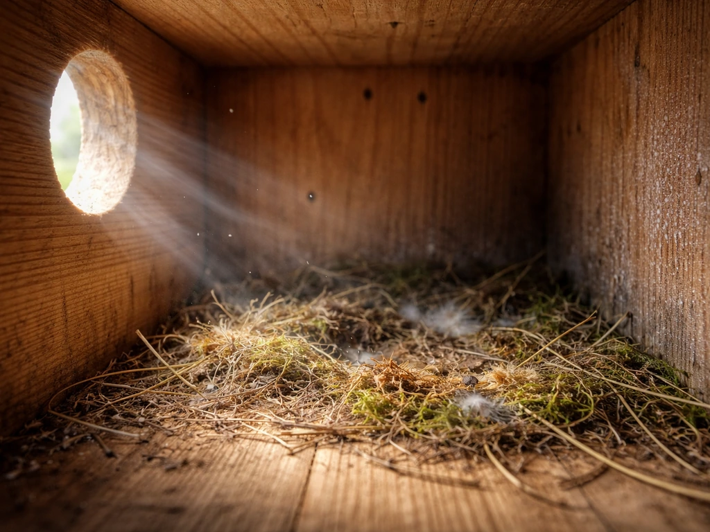 Staged bird box interior showing airflow and dampness differences across micro-positions inside the cavity.
