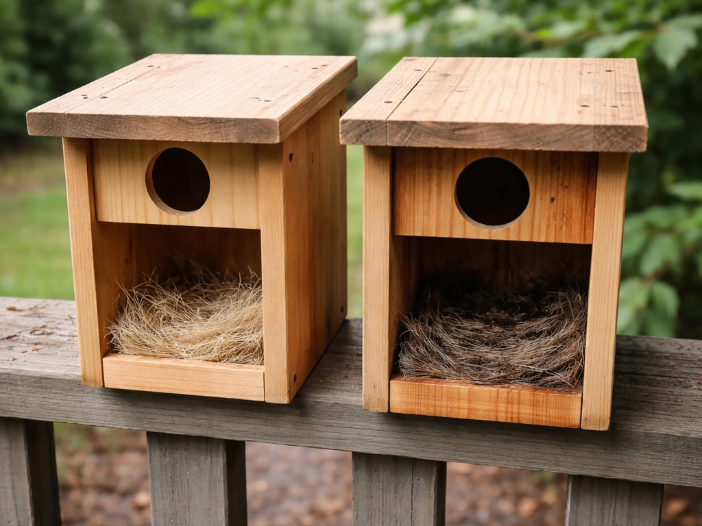 Two side-by-side bird nest boxes showing a dry interior next to a damp, darker interior.