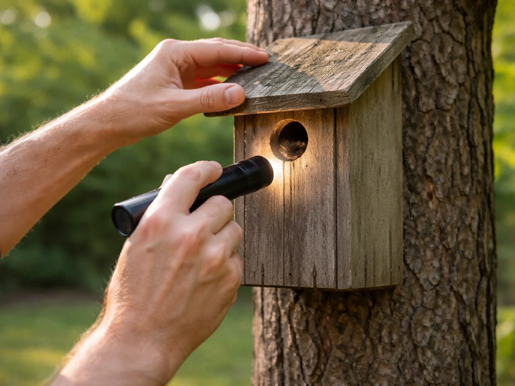 Person in garden checks a small wooden bird box orientation and entrance shade with a flashlight