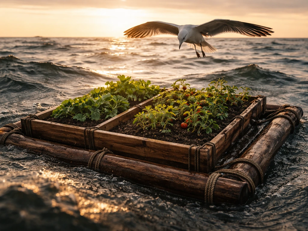 A seagull hovers over a raft’s crop plot on the ocean, suggesting the bird threatens the plants.