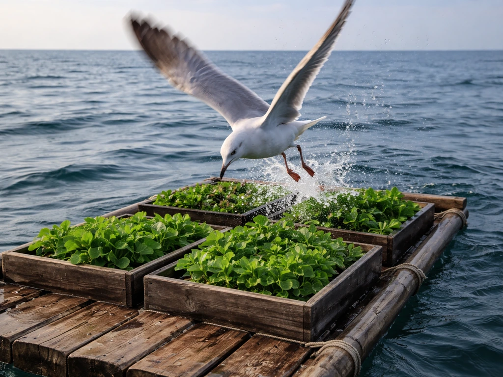 Anonymous seagull dive-bombing crops on a small raft with splashing water in calm sea light.
