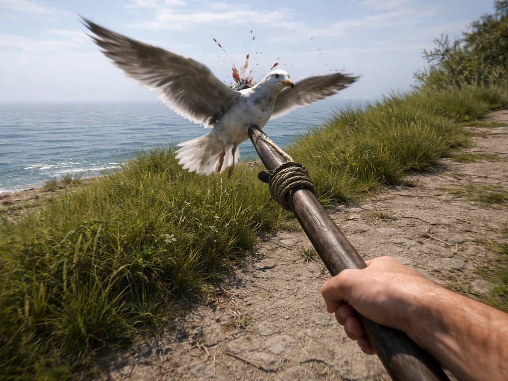 In-game moment: a timed spear attack as a seagull flies over a grassy edge near a stone path.
