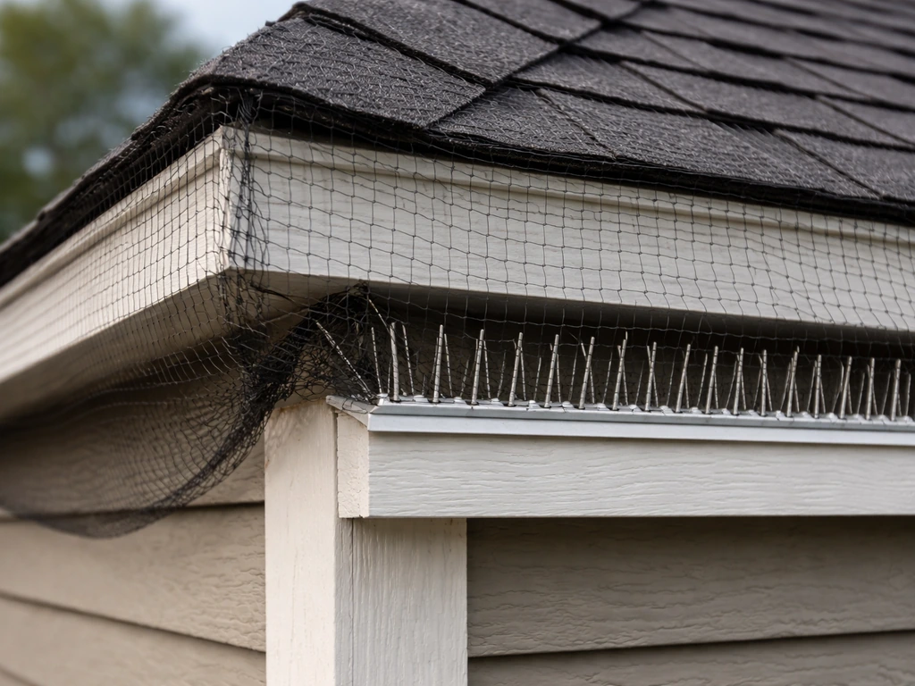 Home eave with bird netting installed, small deterrent spike strip along the edge, calm daylight