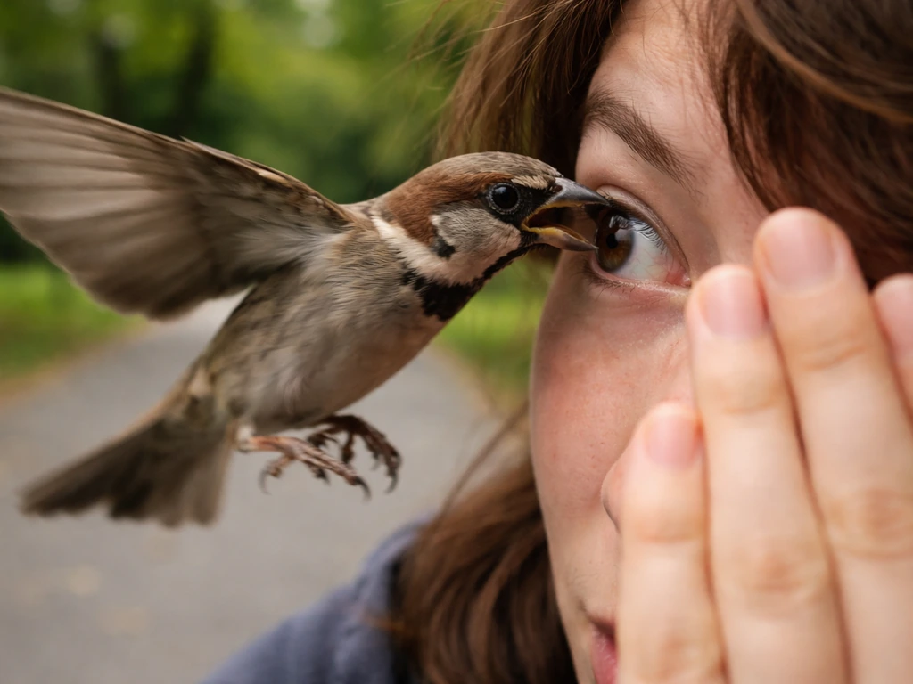 Small bird hovering near a person’s eye area outdoors, captured mid-peck for danger emphasis.