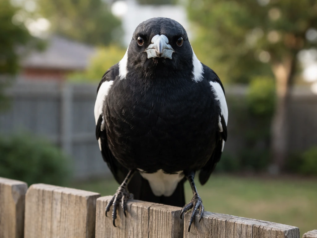 A magpie-like bird perched at eye level on a fence, close enough to suggest eye-injury risk.