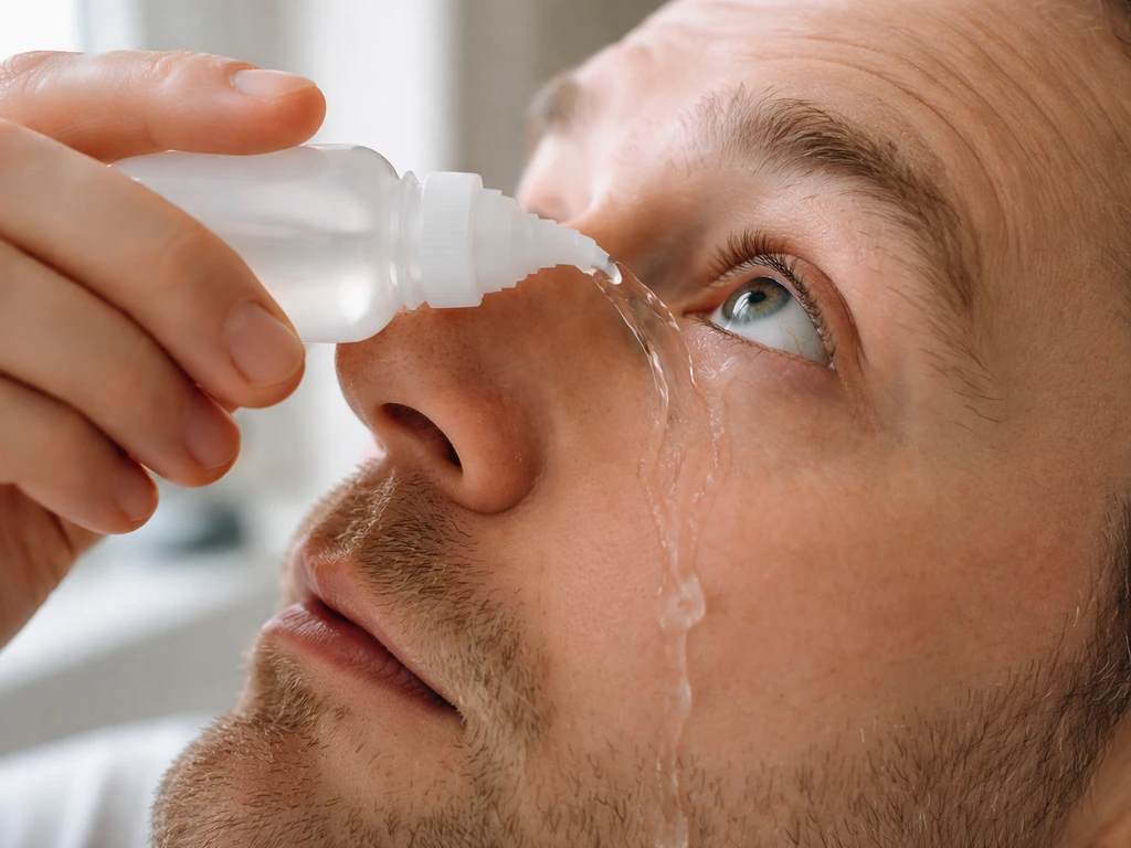 Anonymous person rinsing an open eye with gentle sterile saline from a squeeze bottle in a bathroom sink.