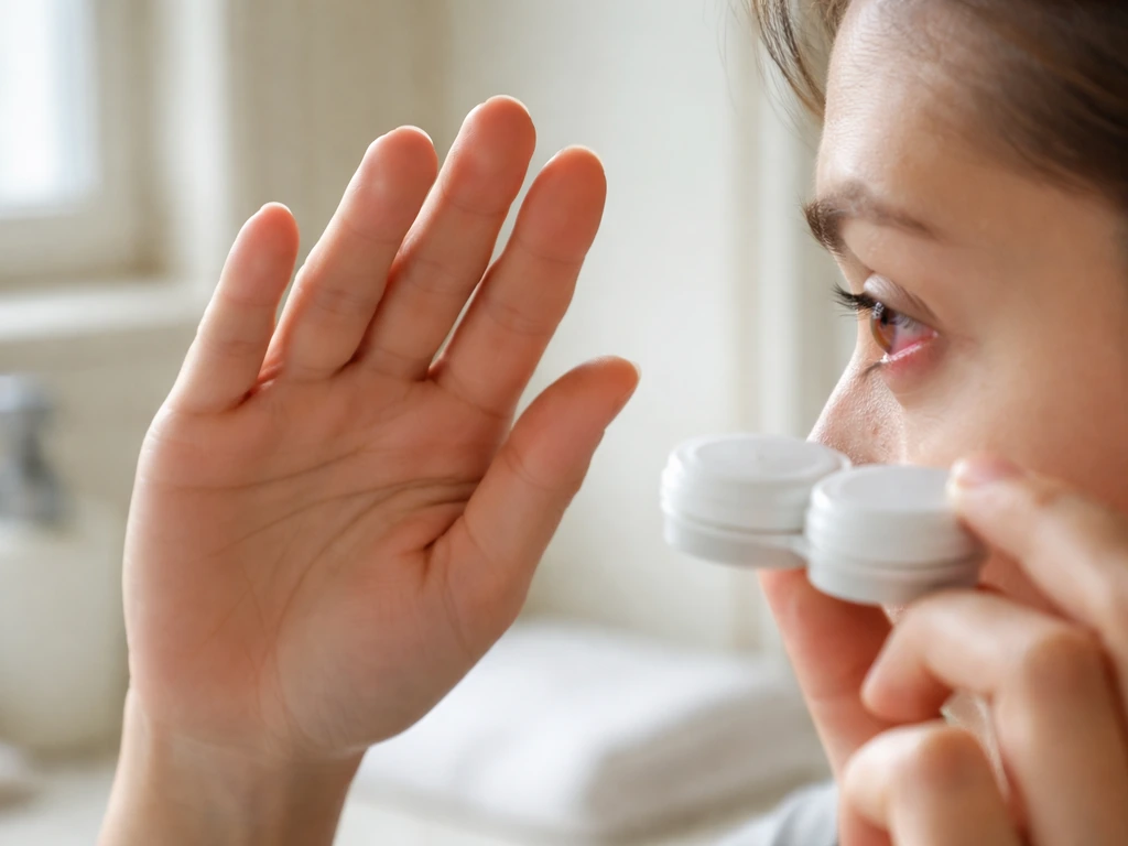 Hands kept away from an eye injury, with lens case in view to avoid touching or removal.
