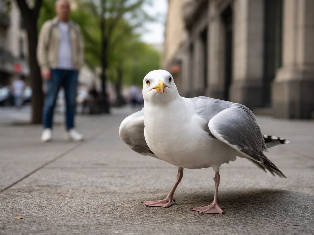 A seagull in a defensive stance near a person at a safe distance on a city sidewalk.