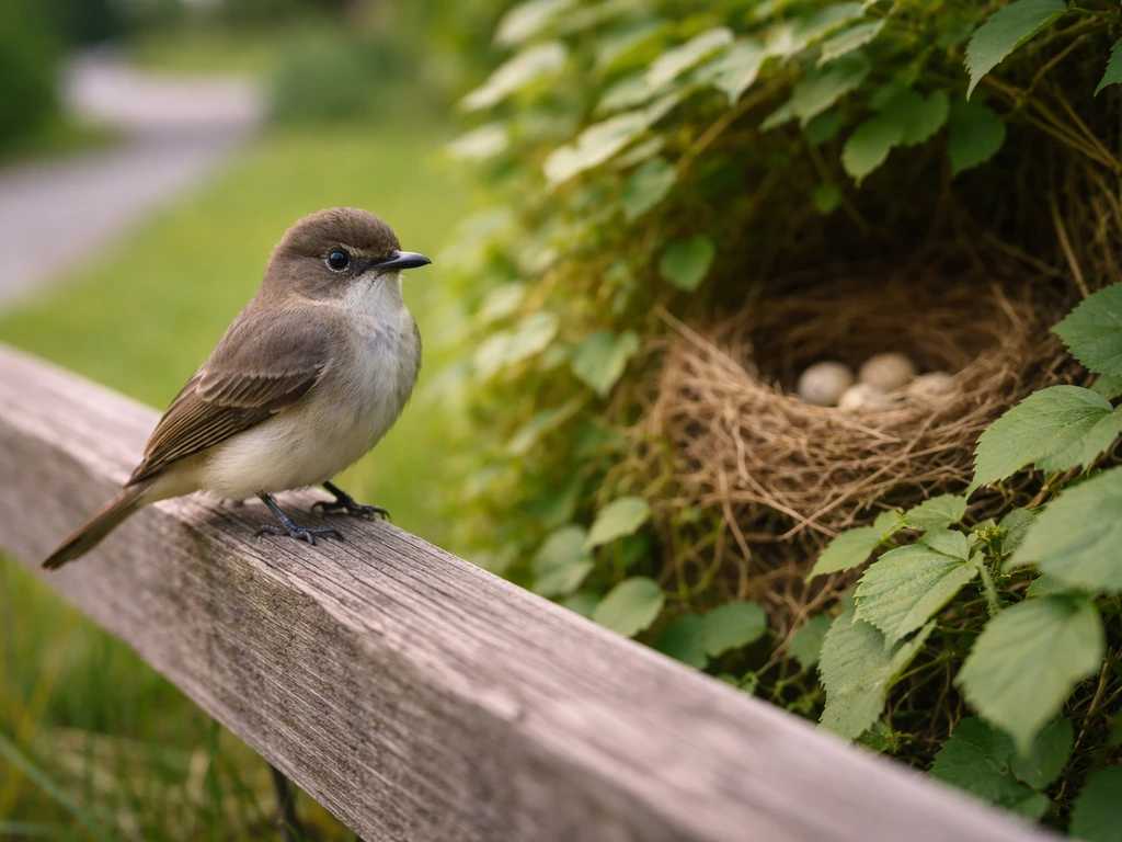 A small bird perched near a hidden nest on a fence by a quiet walkway
