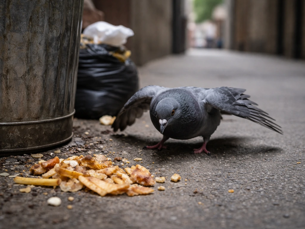 Urban pigeon lunging toward scraps near a trash bin in a lightly lit street alley