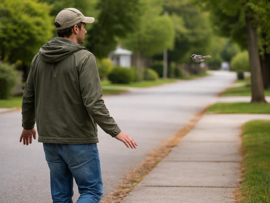 Calm person walking away with palms down while a small bird hovers nearby.