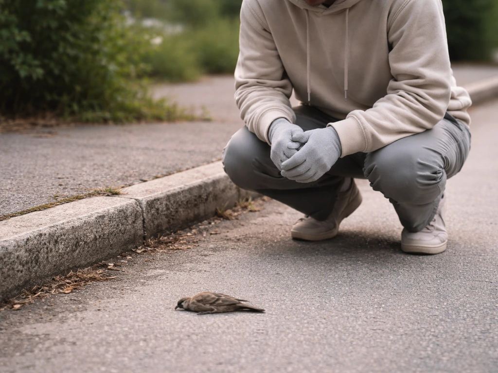 A concerned person pauses beside a small dead bird on the ground in a quiet outdoor setting
