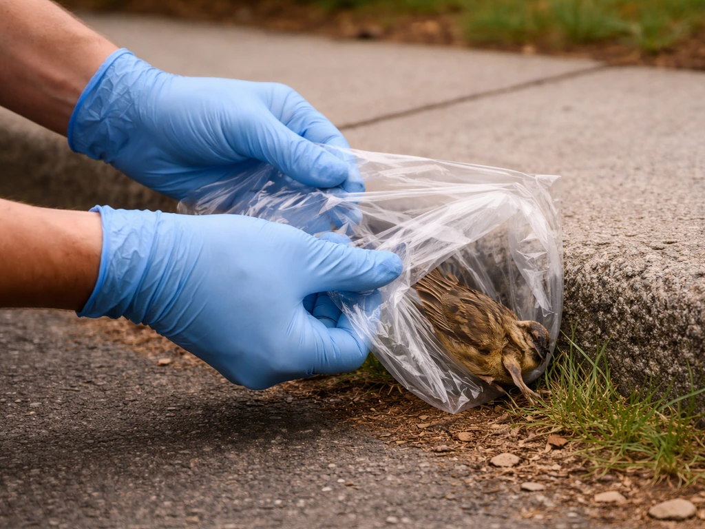 Gloved hands using a turned-inside-out plastic bag to safely handle a found dead bird