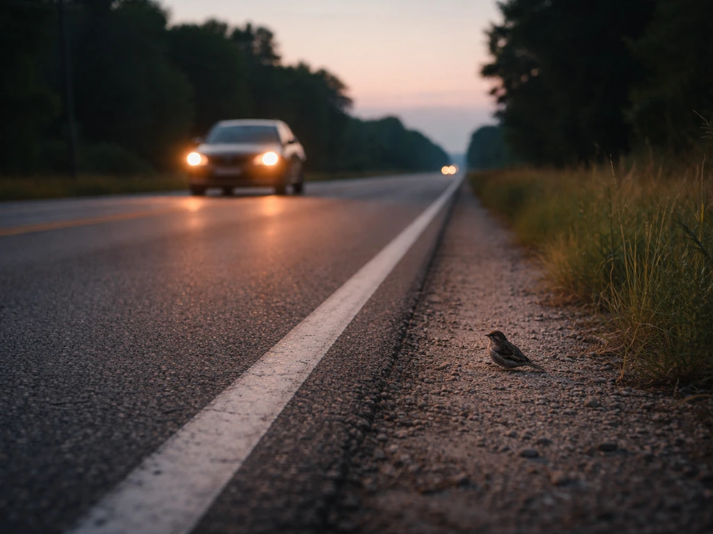 Car slowing near a roadside shoulder where a small bird stands at dawn/dusk.