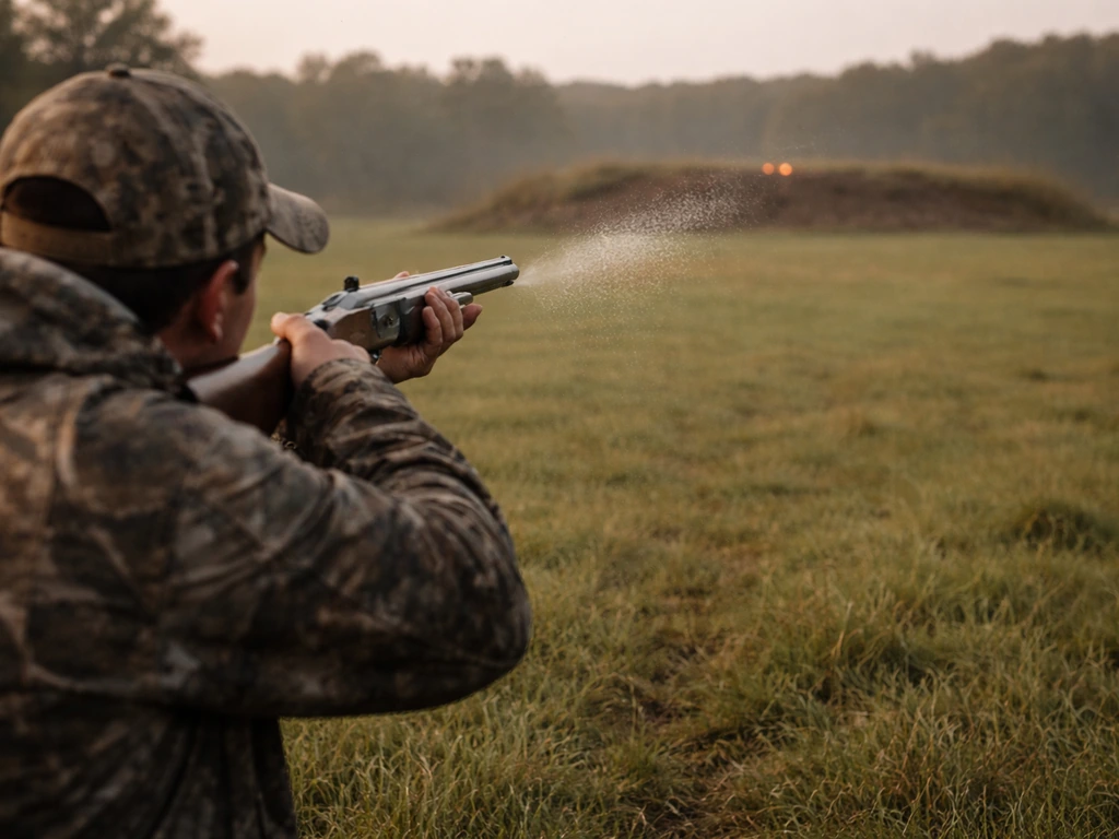 Anonymous hunter fires a shotgun at a distant clay target with visible pellet spread across the field.
