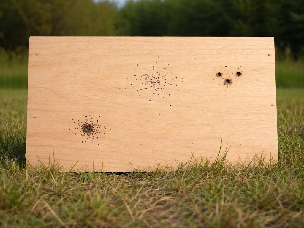 An open outdoor target board on grass with three distinct pellet impact zones showing range, spread, and penetration.
