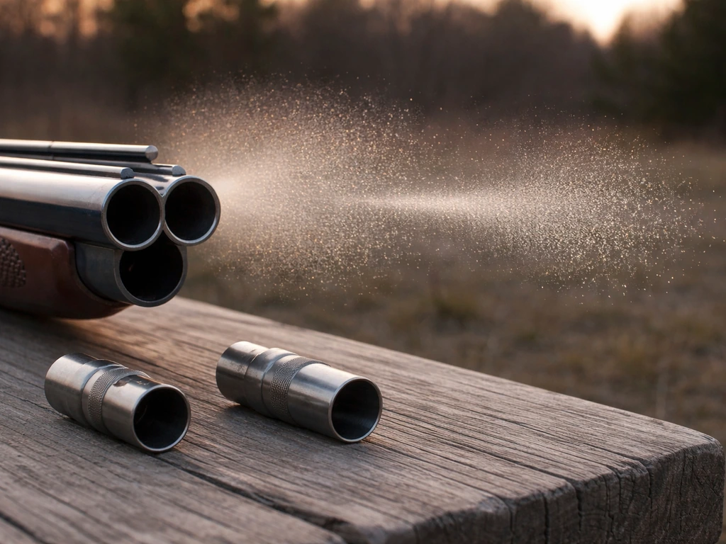 Close-up of a shotgun muzzle with two interchangeable choke tubes showing wider vs narrower shot patterns at distance