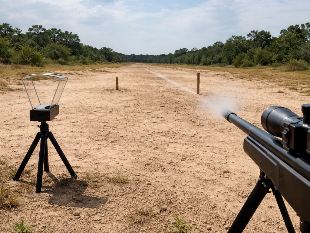 Close-up of a rifle barrel and a shot chronograph setup beside a simple range marker with falling dust