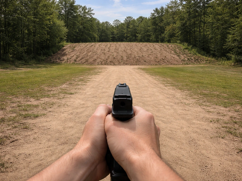 Hands holding an unloaded training firearm with muzzle pointed toward a constructed earthen berm at a range.