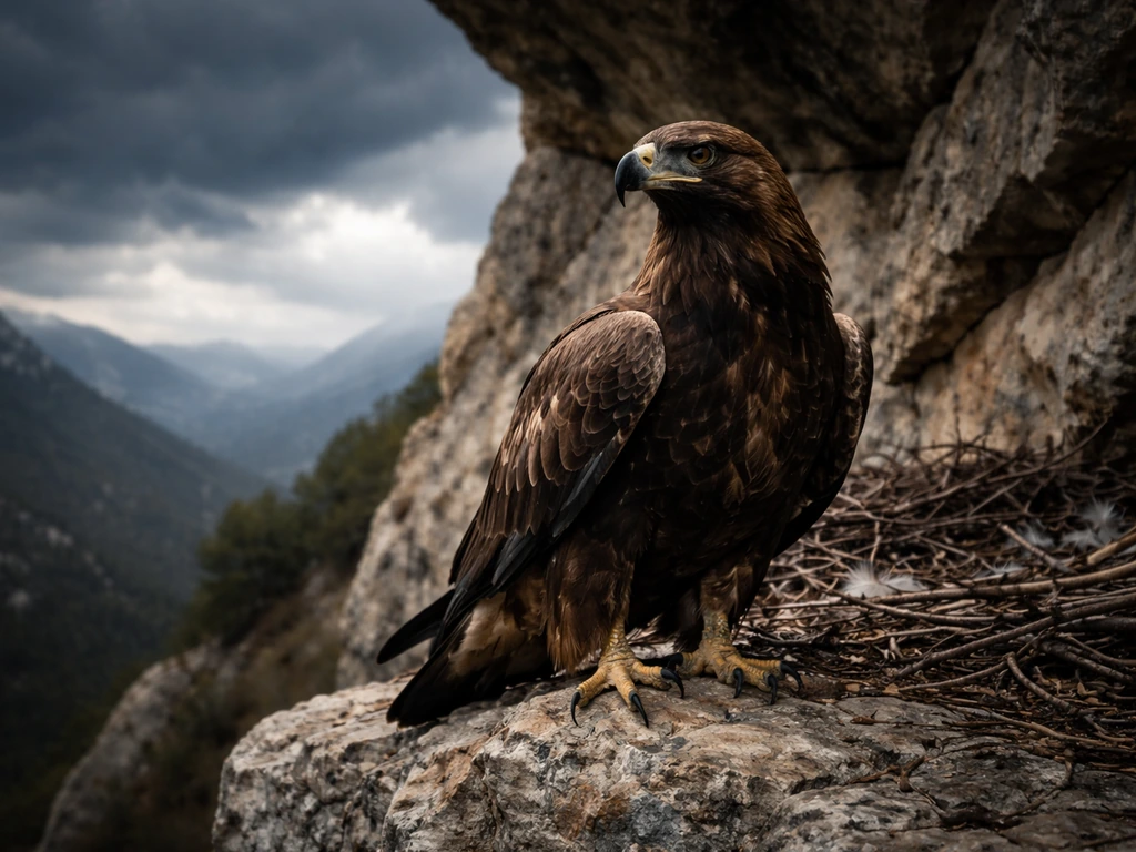 Golden eagle perched near a rocky nest area, watching warily in dramatic natural light