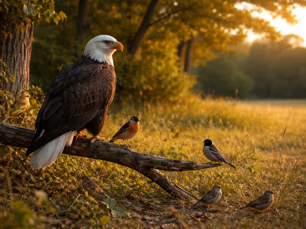 Bald eagle perched beside several other birds in a calm woodland field habitat.