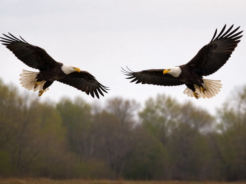 Two adult eagles harass each other midair over a quiet forest edge, showing territorial conflict