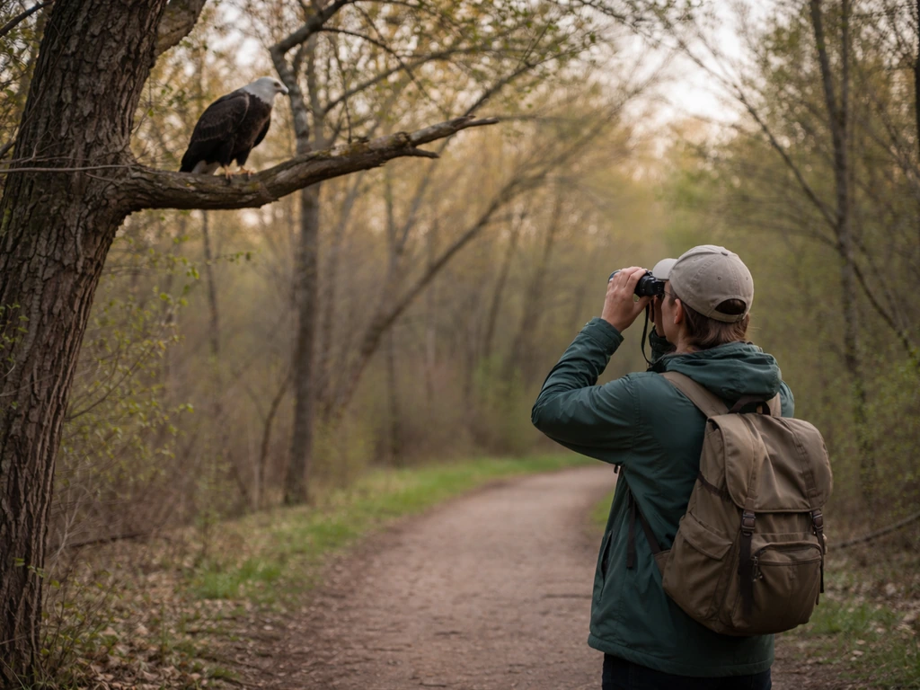 Person on a quiet trail watching a bald eagle from a safe distance with binoculars
