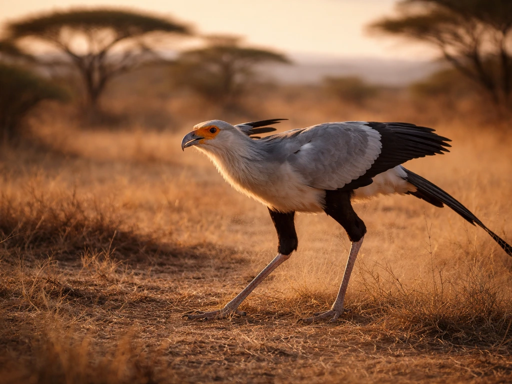 Secretary bird in an African savanna standing in a hunting stance with acacia trees behind it.
