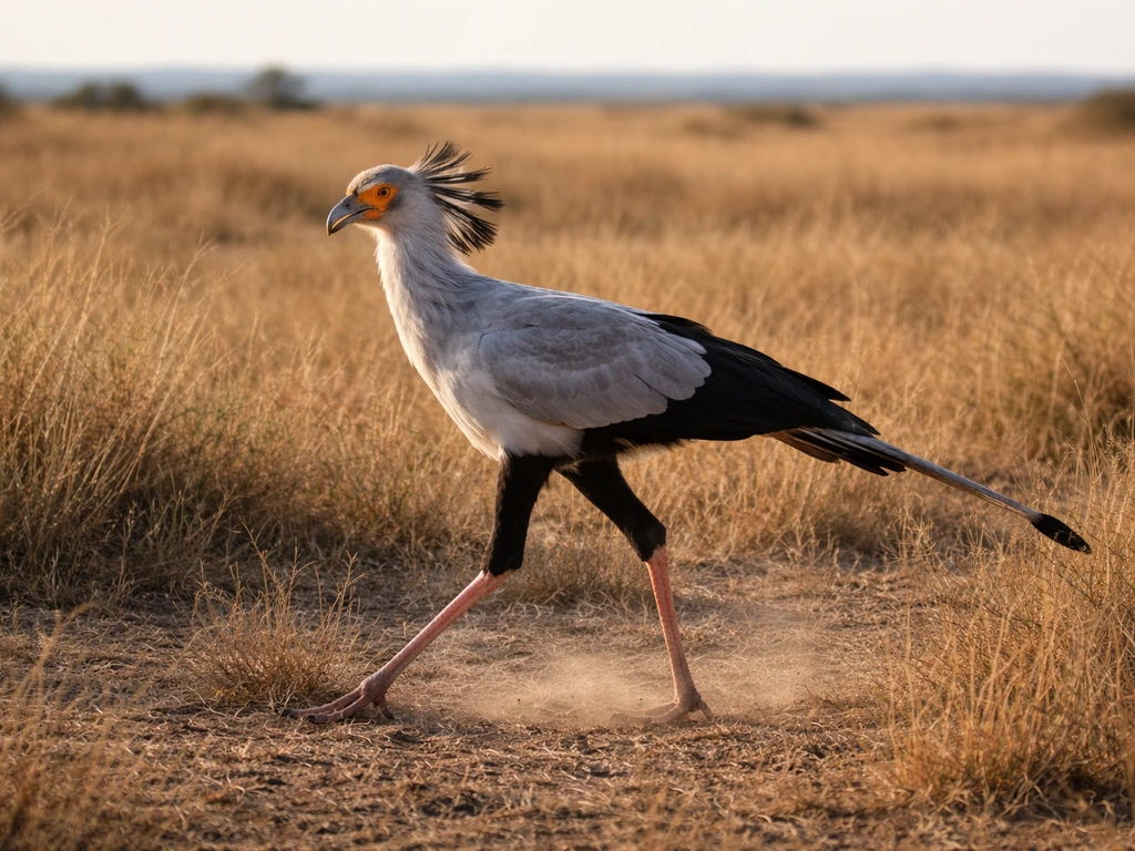 Secretary bird standing and stepping through dry grass in an open African savanna while hunting on the ground.